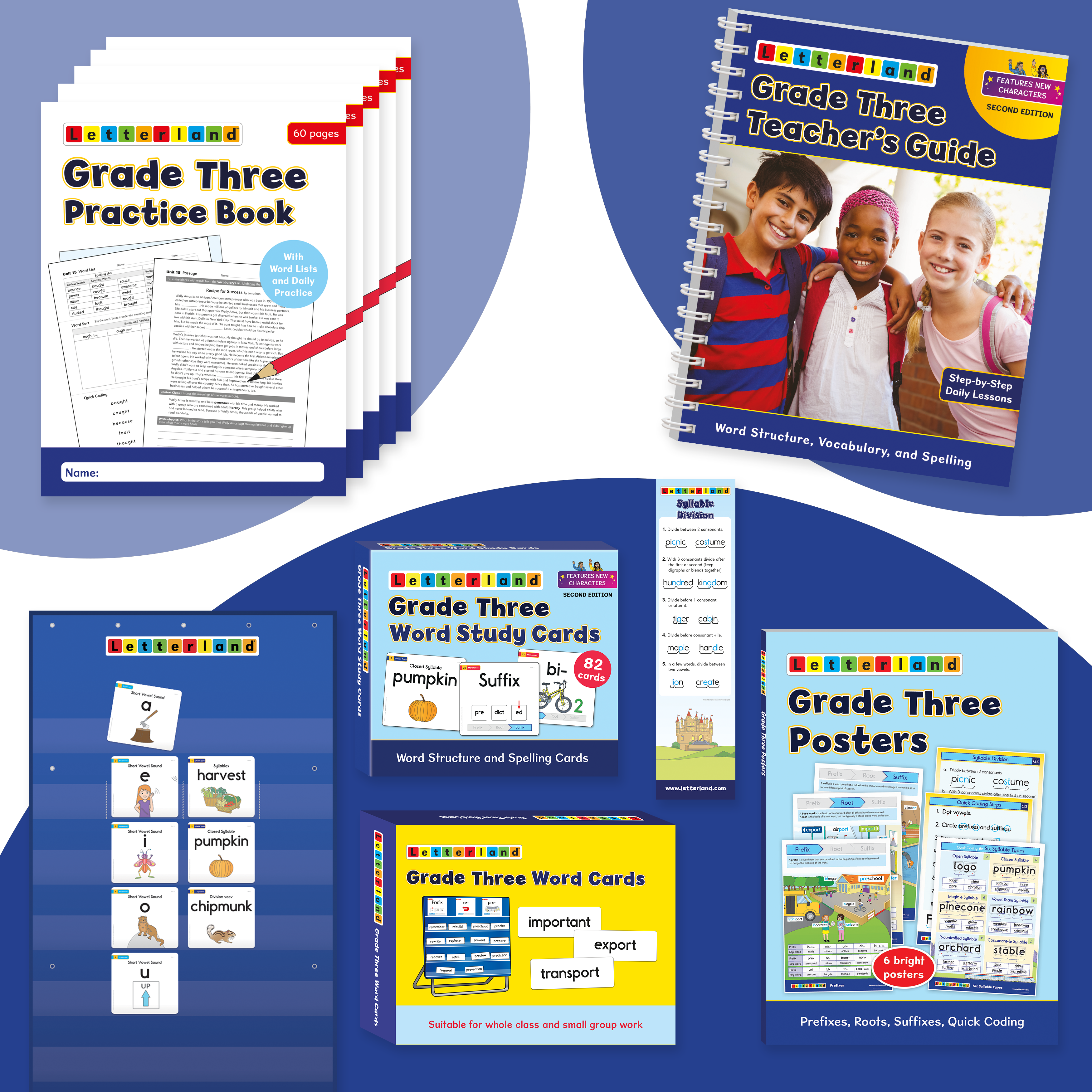 Letterland Grade Three Pack (2nd Edition) full contents laid out, including the Grade Three Teacher's Guide, word study cards, copymasters and posters