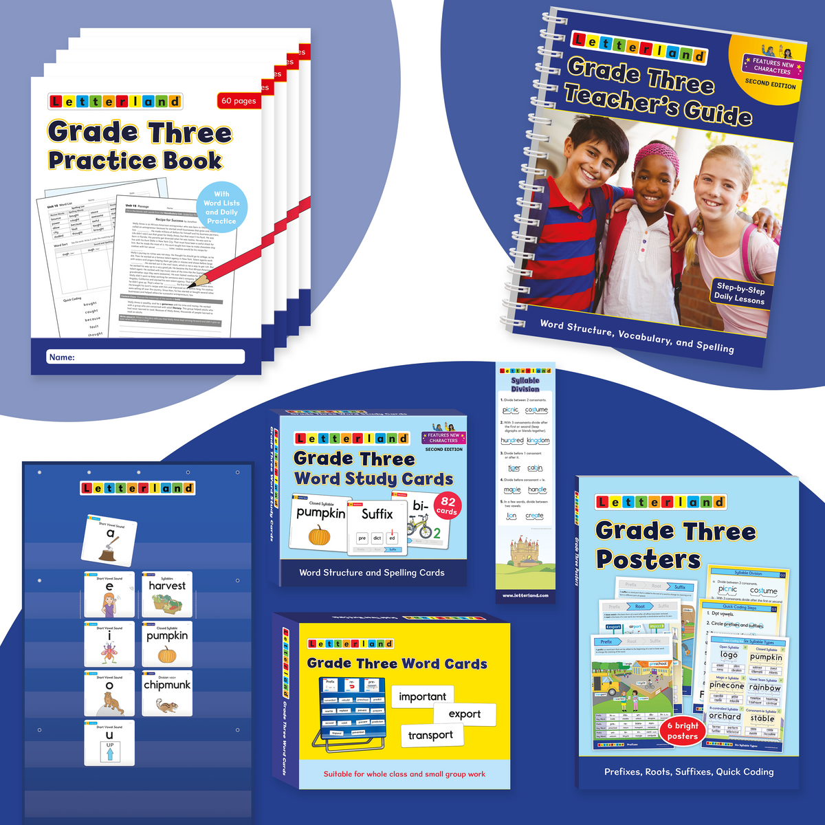 Letterland Grade Three Pack (2nd Edition) full contents laid out, including the Grade Three Teacher's Guide, word study cards, copymasters and posters