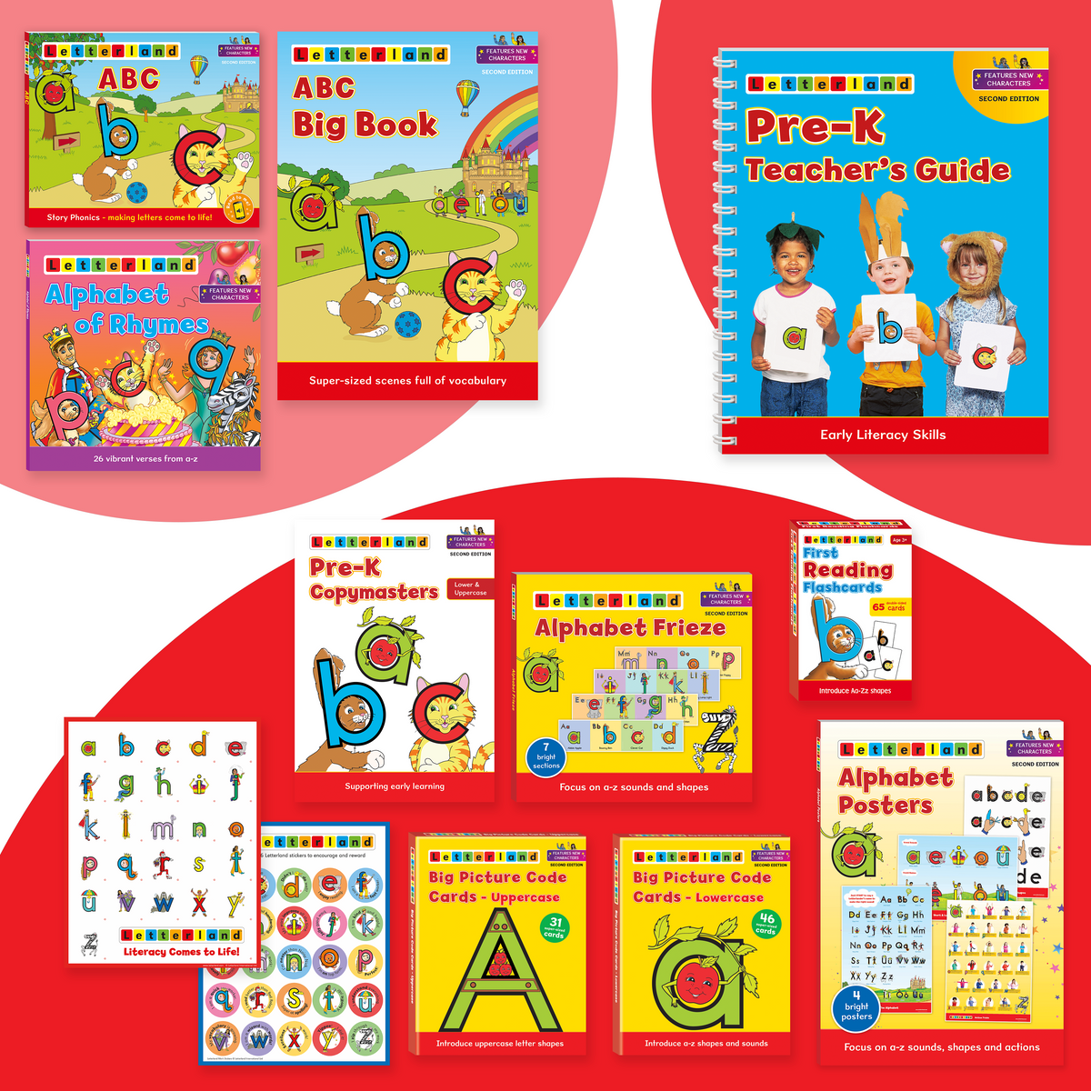 Letterland Pre-K Pack (2nd Edition) full contents laid out, including the Early Years Handbook, ABC book, posters, cards and Flip Flap Phonics